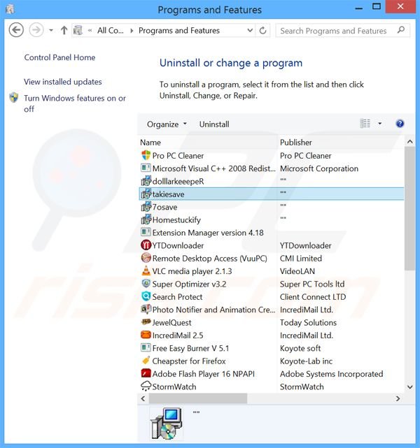 takesave adware uninstall via Control Panel