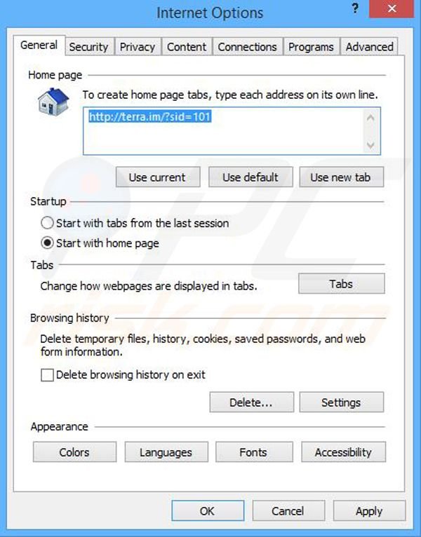 Removing terra.im from Internet Explorer homepage