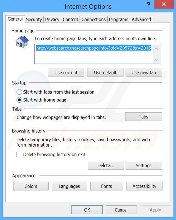 Removing websearch.thesearchpage.info from Internet Explorer homepage