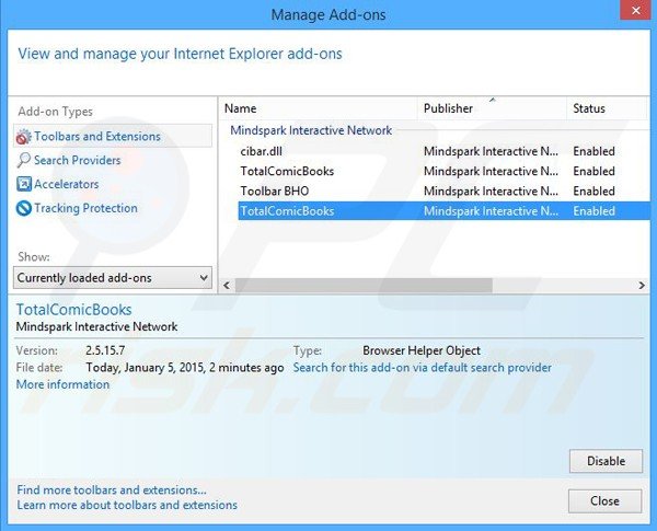 Removing TotalComicBooks related Internet Explorer extensions