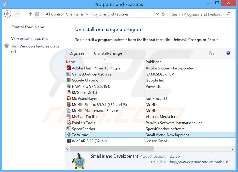 tv wizard adware uninstall via Control Panel