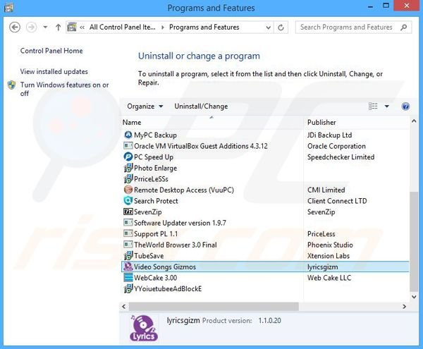 Video Letras adware uninstall via Control Panel