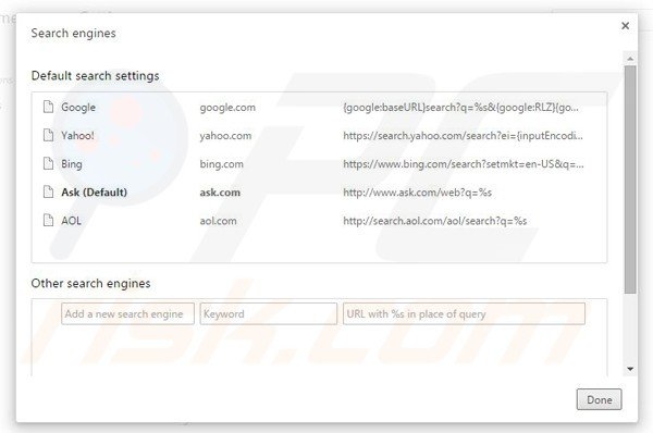 Removing ask.com from Google Chrome default search engine
