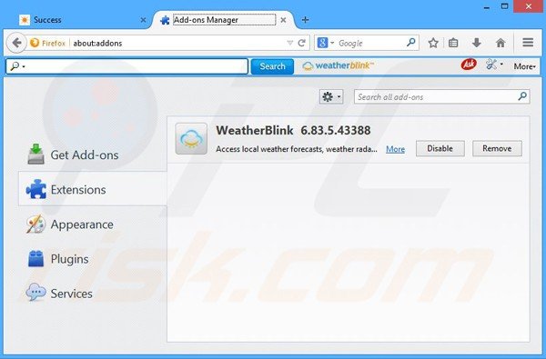 Removing WeatherBlink related Mozilla Firefox extensions