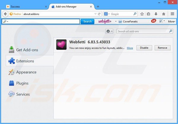 Removing Webfetti related Mozilla Firefox extensions