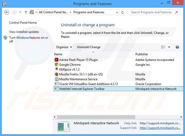 Webfetti browser hijacker uninstall via Control Panel