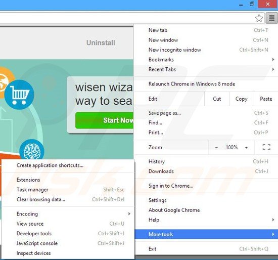 Removing wisen wizard ads from Google Chrome step 1