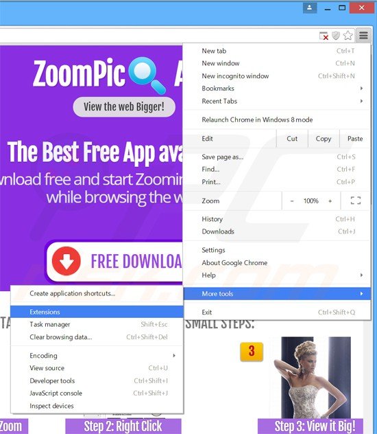 Removing zoompic ads from Google Chrome step 1