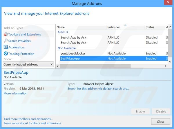 Removing BestPricesApp ads from Internet Explorer step 2