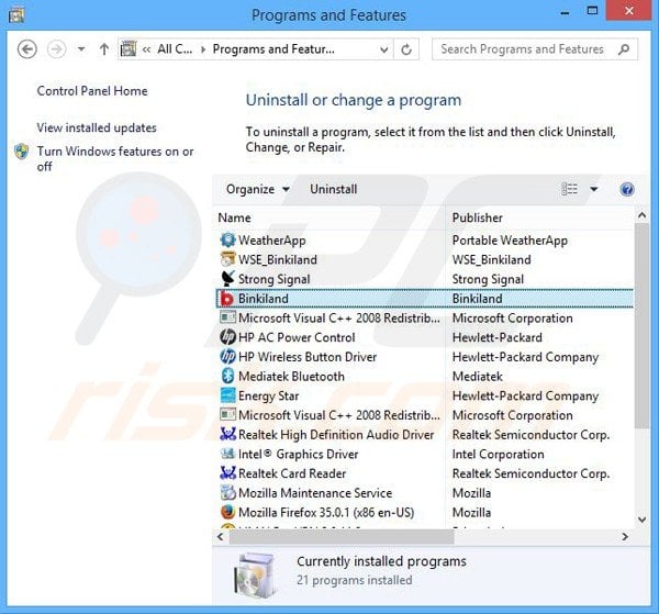 binkiland.com browser hijacker uninstall via Control Panel
