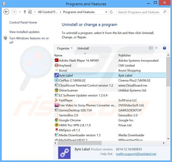 byte label adware uninstall via Control Panel 