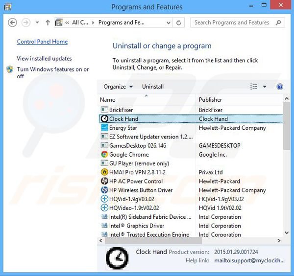 Clock Hand adware uninstall via Control Panel