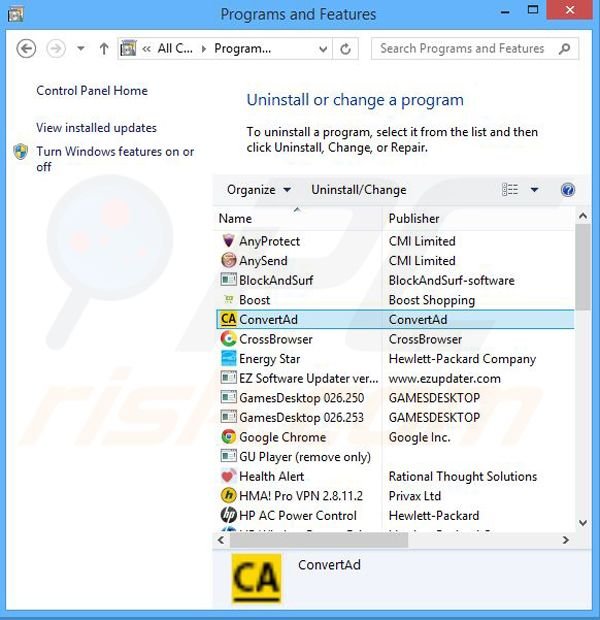 ConvertAd adware uninstall via Control Panel