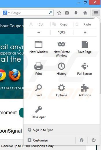 Removing CouponSignal ads from Mozilla Firefox step 1