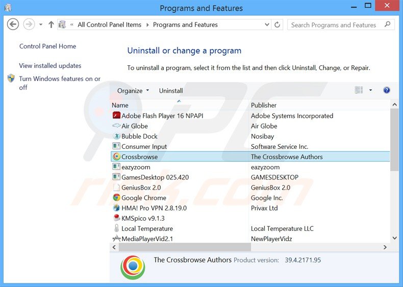 crossbrowse adware uninstall via Control Panel