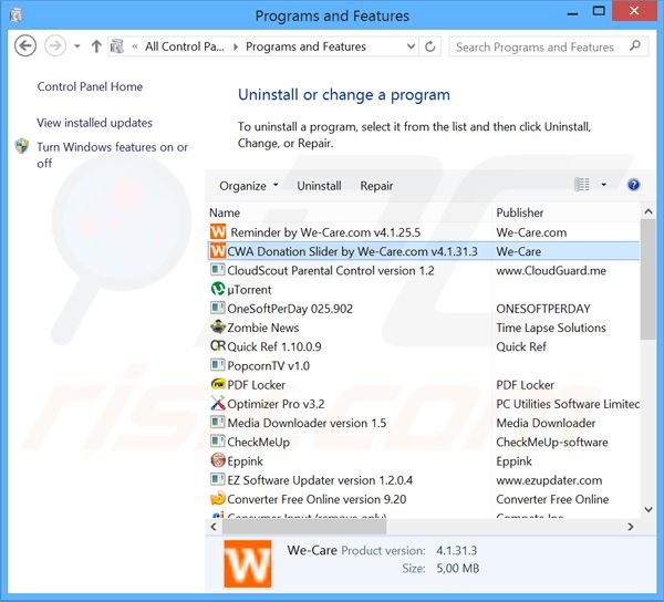 CWA Donation Slider adware uninstall via Control Panel