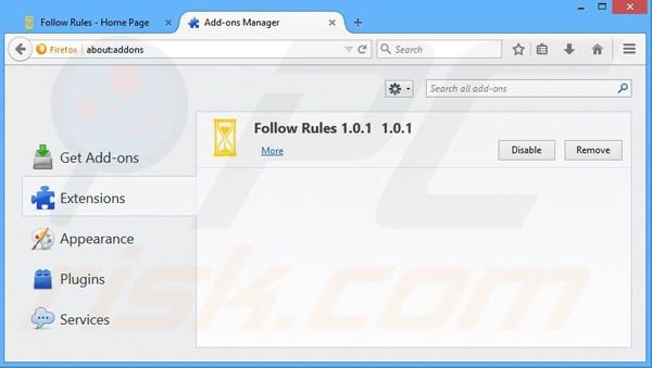 Removing Follow Rules ads from Mozilla Firefox step 2