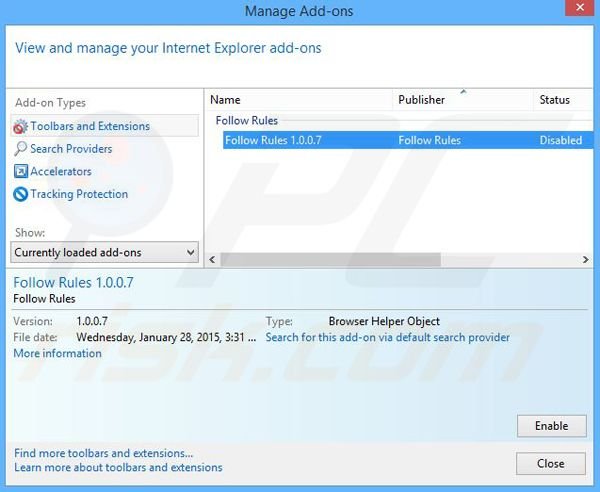 Removing Follow Rules ads from Internet Explorer step 2