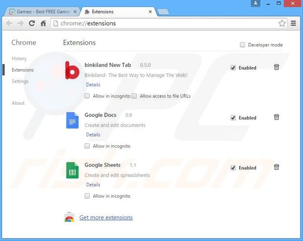 Removing Gameo ads from Google Chrome step 2