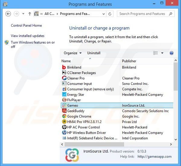 Gameo adware uninstall via Control Panel