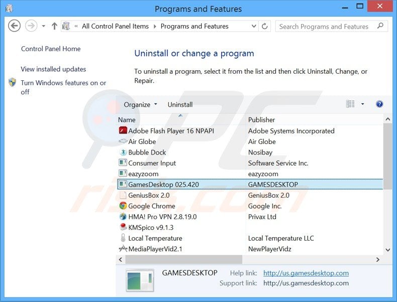 games desktop adware uninstall via Control Panel