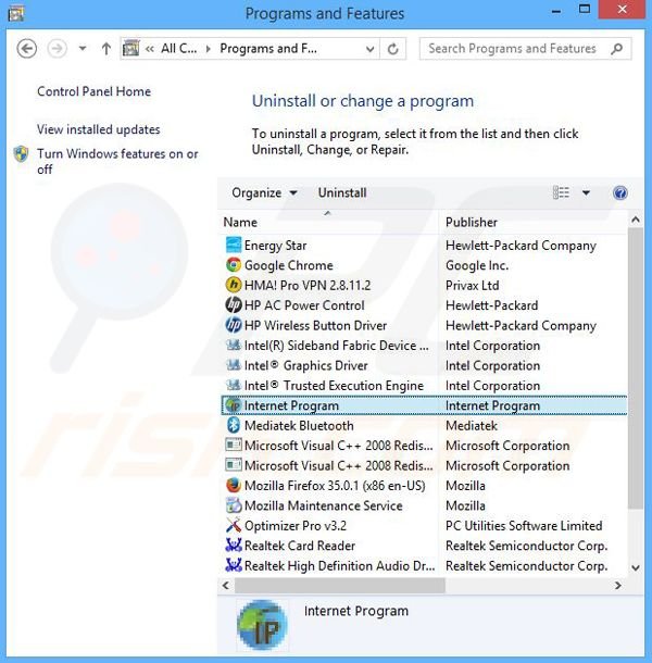 Internet Program adware uninstall via Control Panel