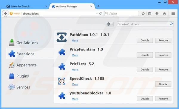 Removing jamenize.com related Mozilla Firefox extensions