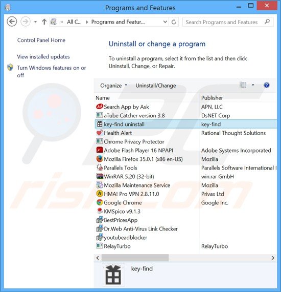 key-find.com browser hijacker uninstall via Control Panel