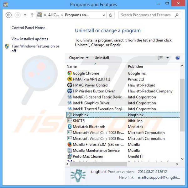 kinkthink adware uninstall via Control Panel