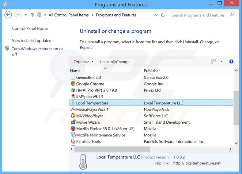 local temperature adware unintall via Control Panel