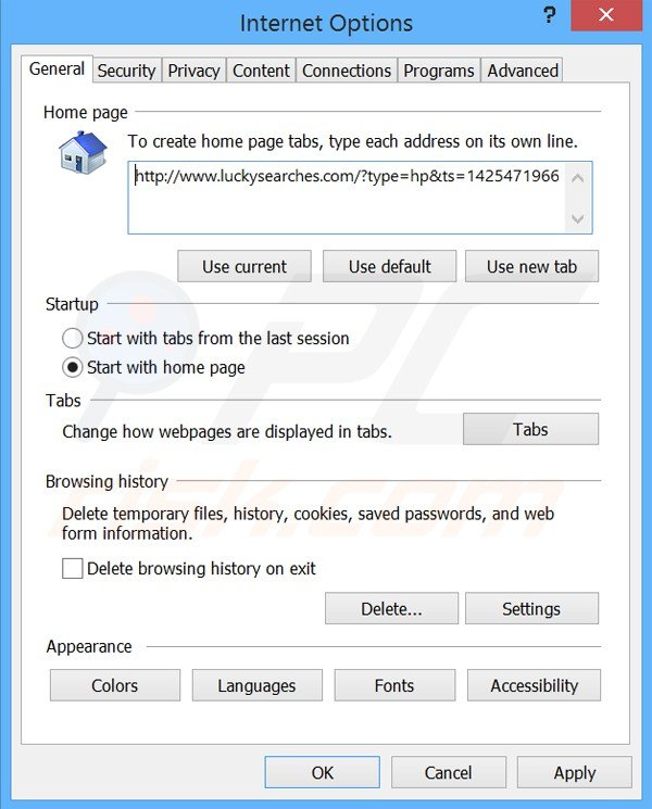 Removing luckysearches.com from Internet Explorer homepage