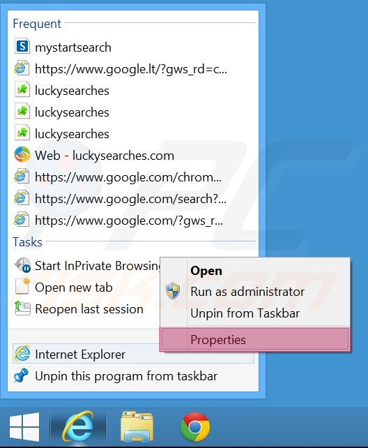 Removing luckysearches.com from Internet Explorer shortcut target step 1