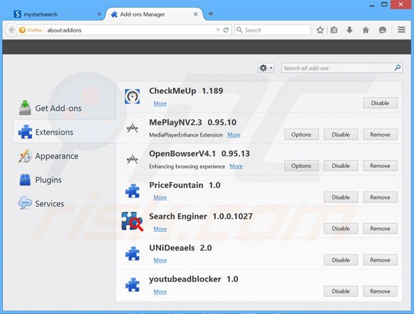 Removing luckysearches.com related Mozilla Firefox extensions