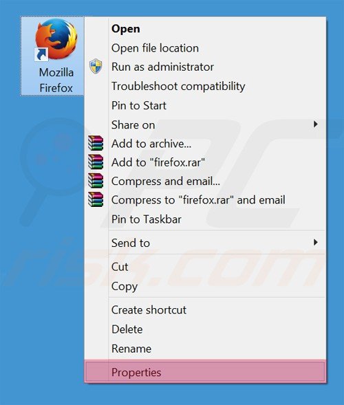 Removing luckysearches.com from Mozilla Firefox shortcut target step 1