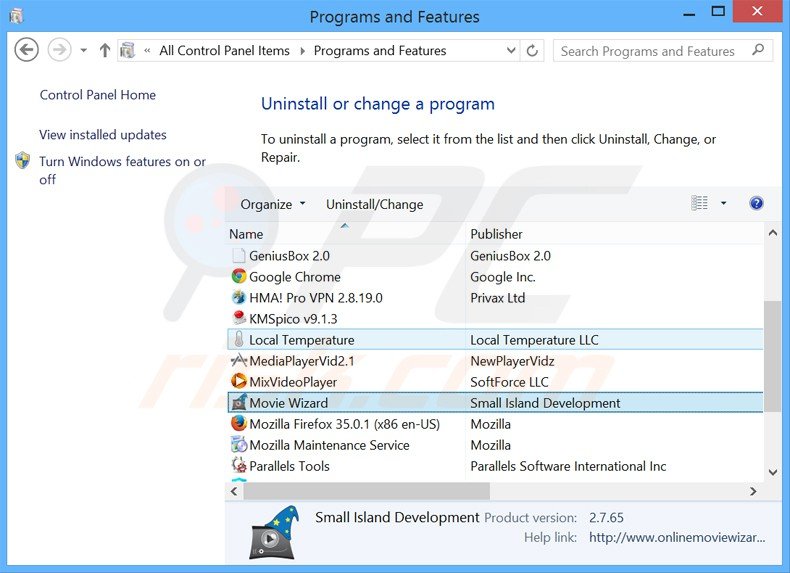 movie wizard adware uninstall via Control Panel