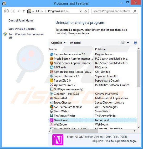 neongreat adware uninstall via Control Panel
