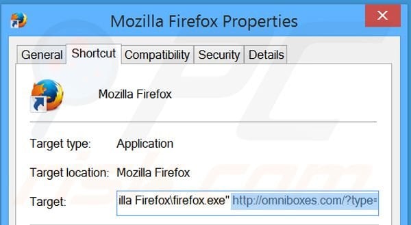 Removing omniboxes.com from Mozilla Firefox shortcut target step 2