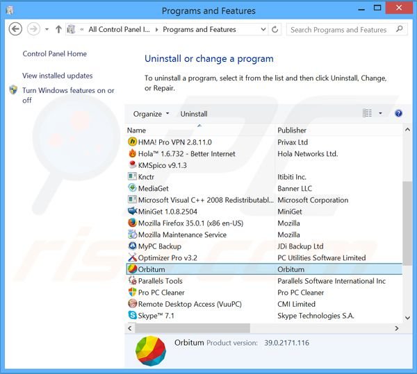 Orbitum adware uninstall via Control Panel