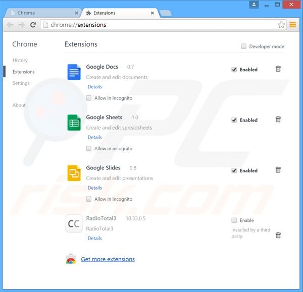 Removing RadioTotal toolbar related Google Chrome extensions