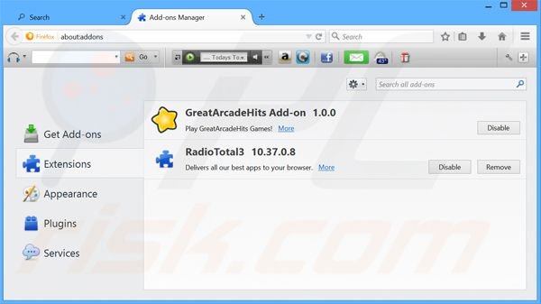 Removing RadioTotal toolbar related Mozilla Firefox extensions