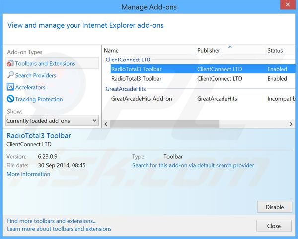 Removing RadioTotal toolbar related Internet Explorer extensions