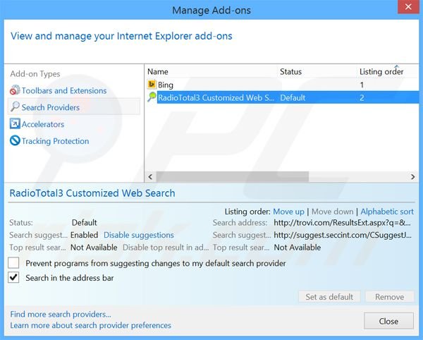 Removing RadioTotal toolbar from Internet Explorer default search engine