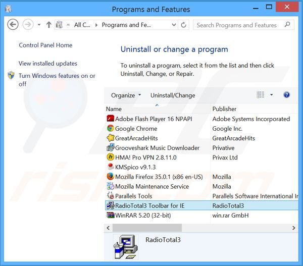 RadioTotal toolbar browser hijacker uninstall via Control Panel