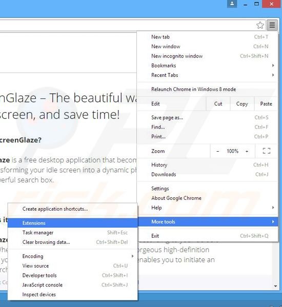 Removing ScreenGlaze ads from Google Chrome step 1