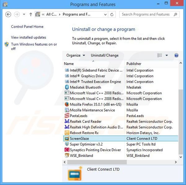 ScreenGlaze adware uninstall via Control Panel