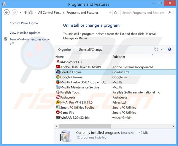 uninstalling search.conduit.com browser hijacker via Control Panel variant 2