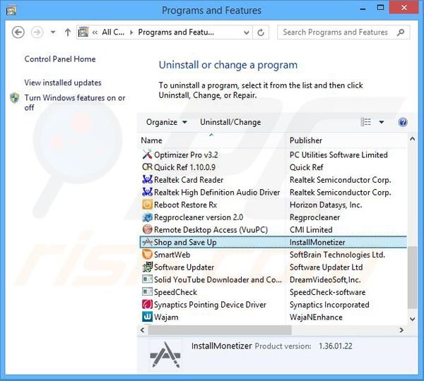 Shop and Save Up adware uninstall via Control Panel