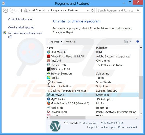 stormvade adware uninstall via Control Panel