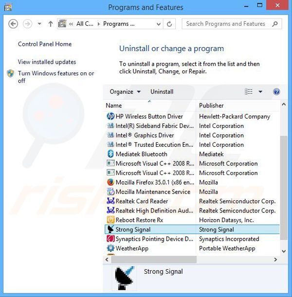 Strong Signal adware uninstall via Control Panel