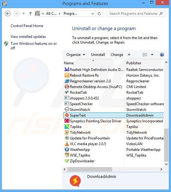 SuperText adware uninstall via Control Panel